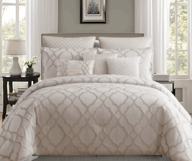 10 Piece King Size Fabric Comforter Set with Quatrefoil Prints, White  - Home Decor & Things Are Us