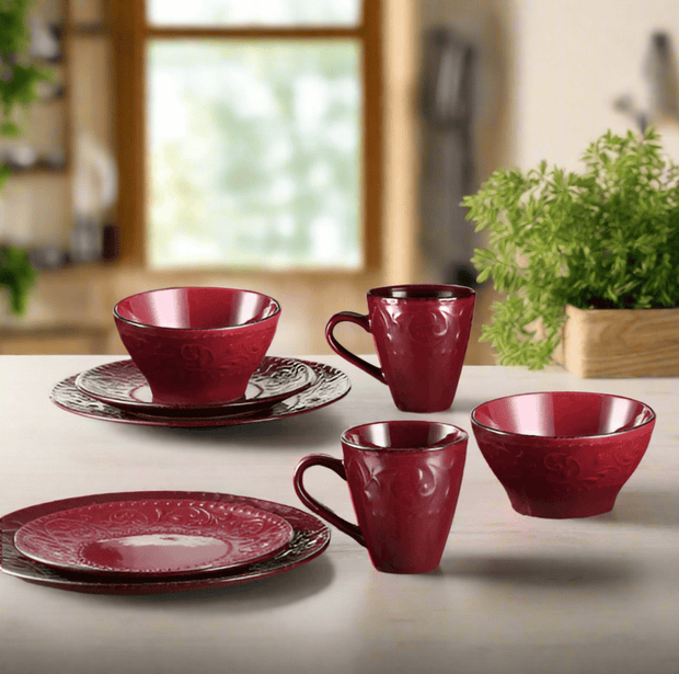 16 Piece Stoneware Scroll Dinnerware Set Merlot - Home Décor & Things Are Us