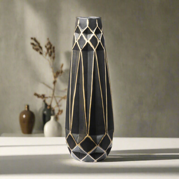 18" Ceramic Black And Gold Abstract Cylinder Table Vase - Home Décor & Things Are Us