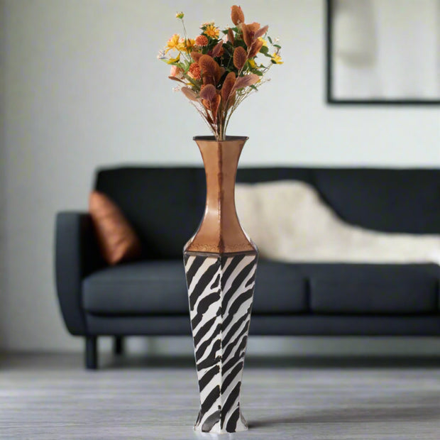 26 - inch Tall White Striped and Brown Metal Floor Vase - Home Décor & Things Are Us