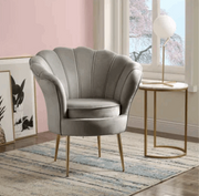 Lotus Barrel Accent Chair, Channel Tufted Scallop Back, Gray & Gold - Home Decor & Things Are Us