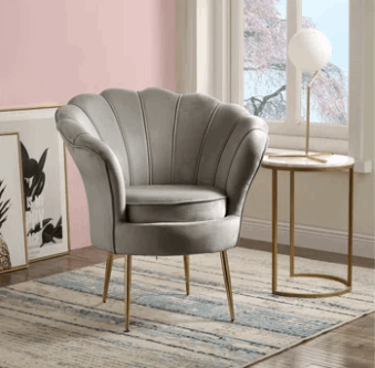 Lotus Barrel Accent Chair, Channel Tufted Scallop Back, Gray & Gold - Home Decor & Things Are Us