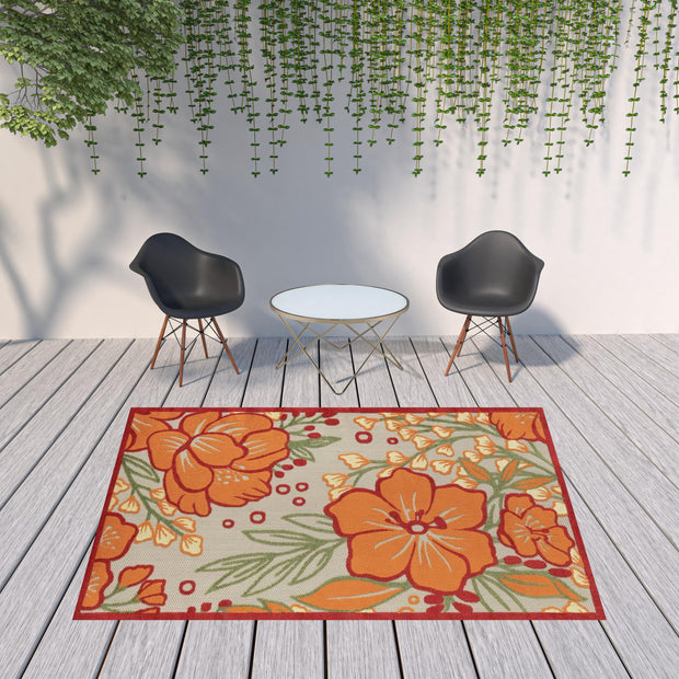8' X 10' Orange And Ivory Floral Stain Resistant Outdoor Area Rug - Home Decor & Things Are Us