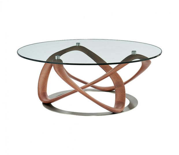 Walnut And Clear Glass Abstract Round Coffee Table - Home Decor & Things Are Us