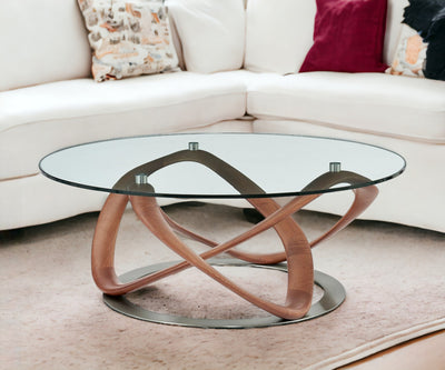 Walnut And Clear Glass Abstract Round Coffee Table - Home Decor & Things Are Us