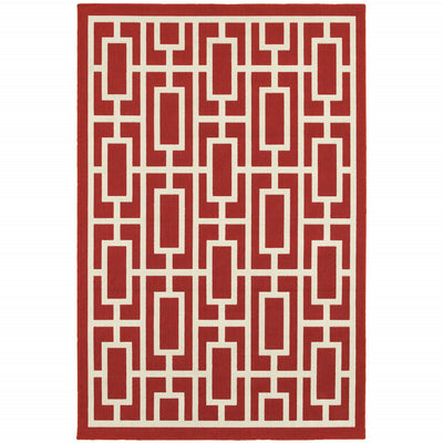 7' X 10' Red And Ivory Geometric Stain Resistant Outdoor Area Rug - Home Decor & Things Are Us