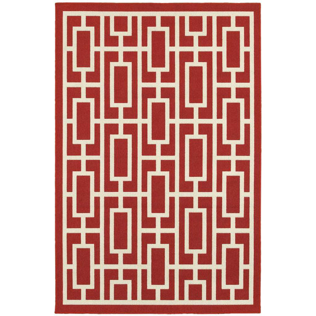 7' X 10' Red And Ivory Geometric Stain Resistant Outdoor Area Rug - Home Decor & Things Are Us