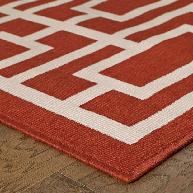 7' X 10' Red And Ivory Geometric Stain Resistant Outdoor Area Rug - Home Decor & Things Are Us