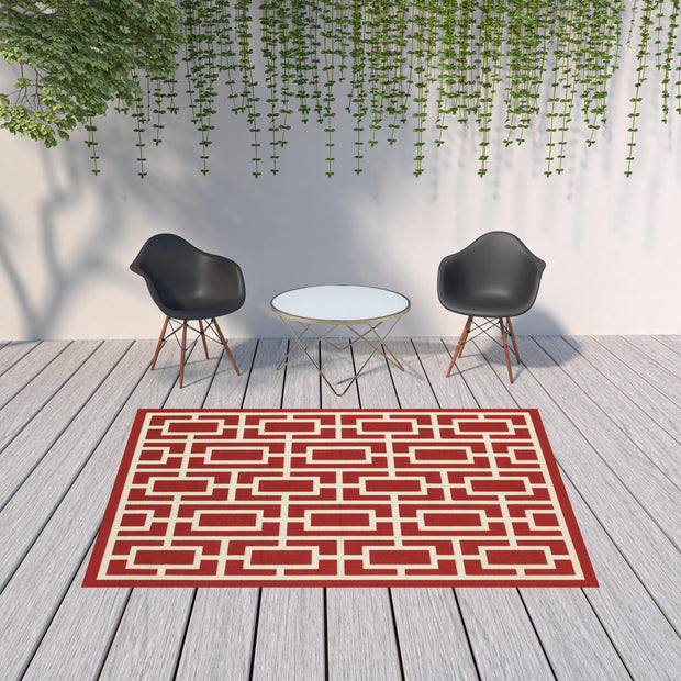 7' X 10' Red And Ivory Geometric Stain Resistant Outdoor Area Rug - Home Decor & Things Are Us