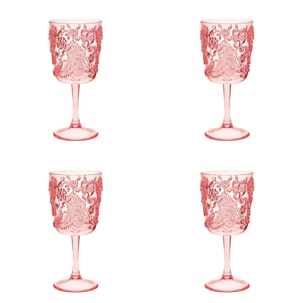 Set Of Four Pink Paisley Acrylic Stemmed All Purpose Wine Glass - Home Decor & Things Are Us