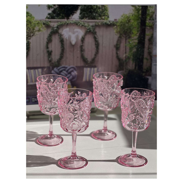 Set Of Four Pink Paisley Acrylic Stemmed All Purpose Wine Glass - Home Decor & Things Are Us