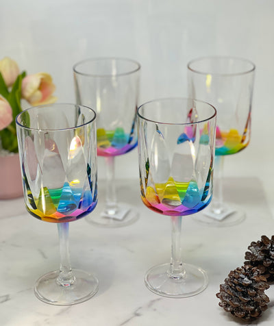 Set Of Four Clear And Rainbow Geometric Acrylic Stemmed All Purpose Wine Glasses - Home Decor & Things Are Us