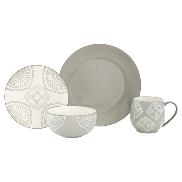 Gray And Ivory Sixteen Piece Round Geometric Dinnerware Set - Home Decor & Things Are Us