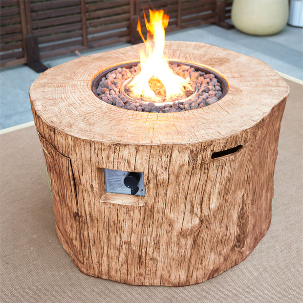 Brown Faux Wood Stump Propane Round Fire Pit With Cover - Home Decor & Things Are Us