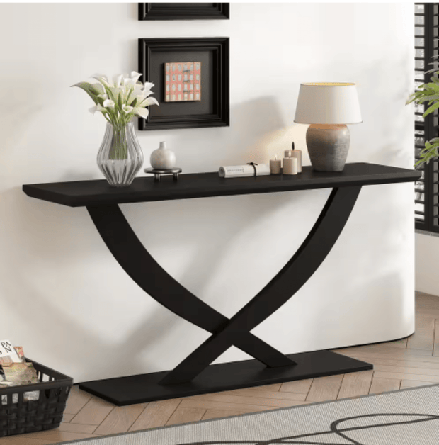 57 in. Rase Console Table with Cross Leg Design & Pedestal Base, Black Wood - Home Décor & Things Are Us