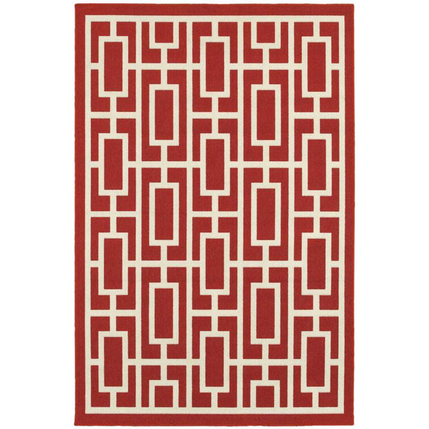 7' X 10' Red And Ivory Geometric Stain Resistant Outdoor Area Rug - Home Décor & Things Are Us