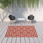 7' X 10' Red And Ivory Geometric Stain Resistant Outdoor Area Rug - Home Décor & Things Are Us