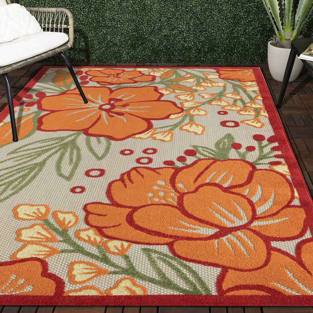 8' X 10' Orange And Ivory Floral Stain Resistant Outdoor Area Rug - Home Décor & Things Are Us