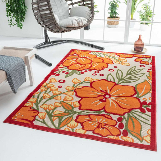 8' X 10' Orange And Ivory Floral Stain Resistant Outdoor Area Rug - Home Décor & Things Are Us