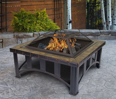 Outdoor Leisure Products Square Steel Fire Pit with Decorative Slate Hearth, Oil Rubbed Bronze - Home Décor & Things Are Us