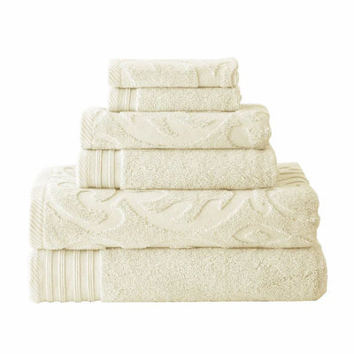 6 Piece Soft Egyptian Cotton Towel Set, Solid Medallion Pattern, Ivory