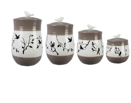 Ceramic Botanical Design Canister with Silicone Seal - Set of 4