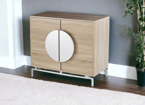 Contemporary Mirrored Circle Double Door Bar Cabinet, Natural - Home Decor & Things Are Us