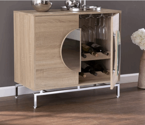 Contemporary Mirrored Circle Double Door Bar Cabinet, Natural - Home Decor & Things Are Us