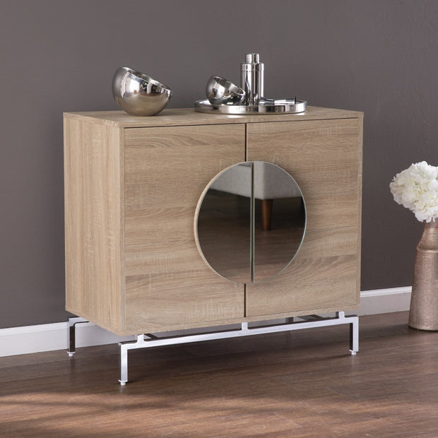 Contemporary Mirrored Circle Double Door Bar Cabinet, Natural - Home Decor & Things Are Us