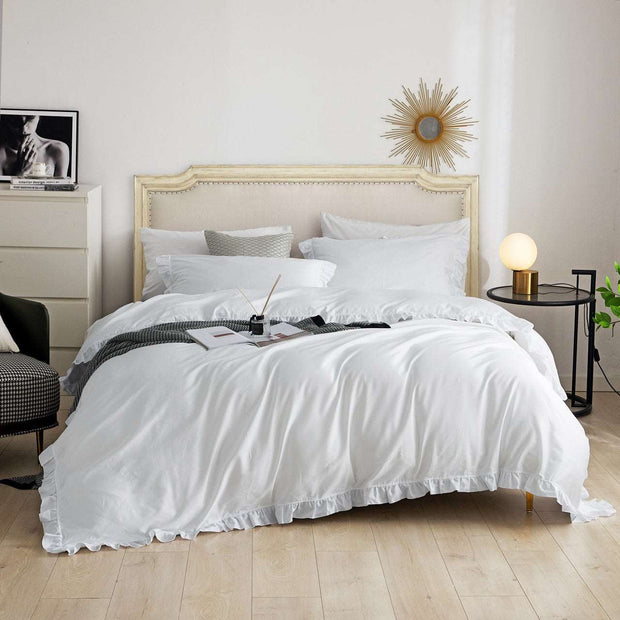 Ruffle Edge Bedding -- Snow White: 6 Pieces Luxury King Size Duvet Cover Set 100% Cotton - Home Decor & Things Are Us