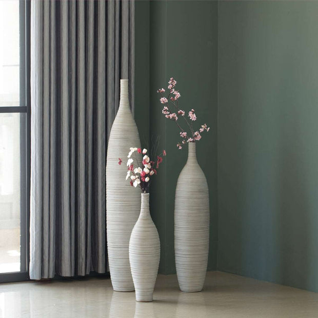 Decorative Bottle Shape Floor Vase Ribbed Design, White - Set of 3 - Home Decor & Things Are US