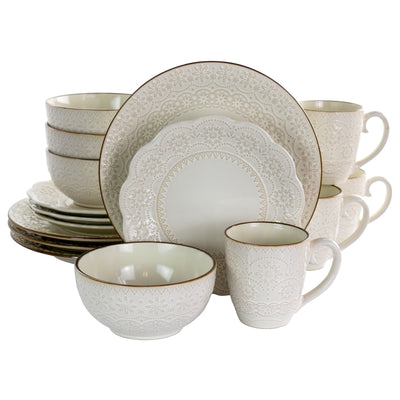 16 Piece Contessa Embossed Scalloped Stoneware Dinnerware Set Ivory