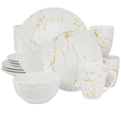 Fine Marble Stoneware Dinnerware Set, Gold & White - 16 Piece - Home Decor & Things Are Us