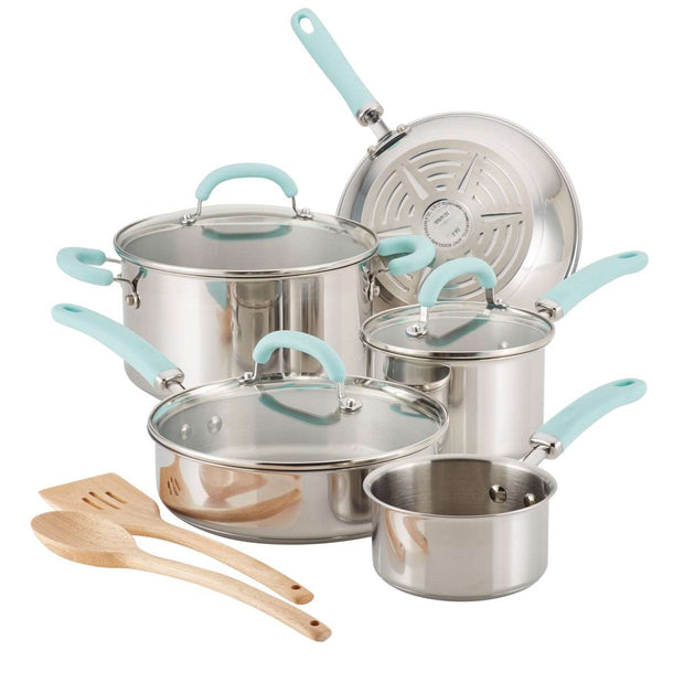 Rachael Ray Stainless Steel Cookware Set, 10 Piece - Light Blue Handles - Home Décor & Things Are Us