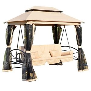 Outdoor Patio Daybed Canopy Gazebo Swing - Tan with Mesh Walls - Home Decor & Things Are Us