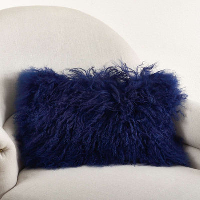 Wool Mongolian Lamb Fur Throw Pillow Cobalt Blue