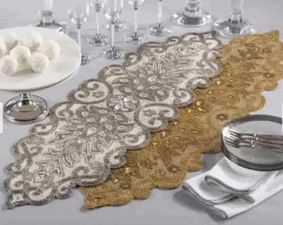 Beaded Jeweled Scroll Motif Elegant Glam Design Table Runner - Gold - Home Décor & Things Are Us