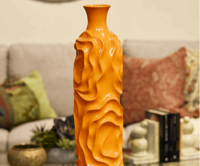 Ceramic Round Cylindrical Vase With Neck & Wrinkled Sides- Large - Orange