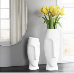 Matte White Ceramic Vase with Abstract Faces