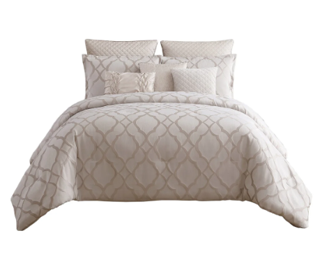 10 Piece Queen Size Comforter Set with Quatrefoil Prints, White  - Home Decor & Things Are Us