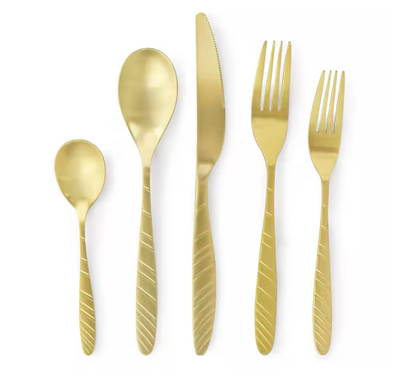 La Vague Silverware Flatware Utensil Set, Matte Gold - 20 Piece