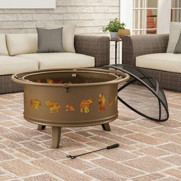 Pure Garden Outdoor Deep Fire Pit Steel Bowl with Bear Cutouts, Antique Gold - Home Décor & Things Are Us