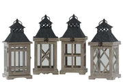 Wood Square Lantern with Black Pierced Metal Top - Ring Hanger & Glass Windows, Stained Wood & Brown - Set of 4 - Home Décor & Things Are Us