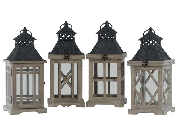 Wood Square Lantern with Black Pierced Metal Top - Ring Hanger & Glass Windows, Stained Wood & Brown - Set of 4 - Home Décor & Things Are Us