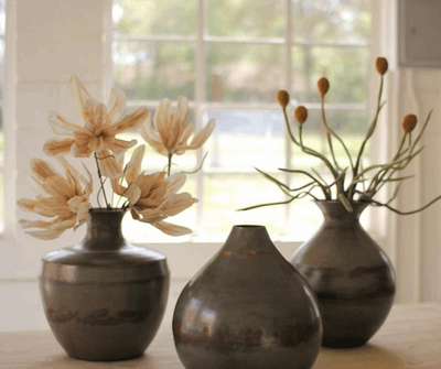 Set of 3 Raw Metal Vases with Copper Detail - Home Décor & Things Are Us