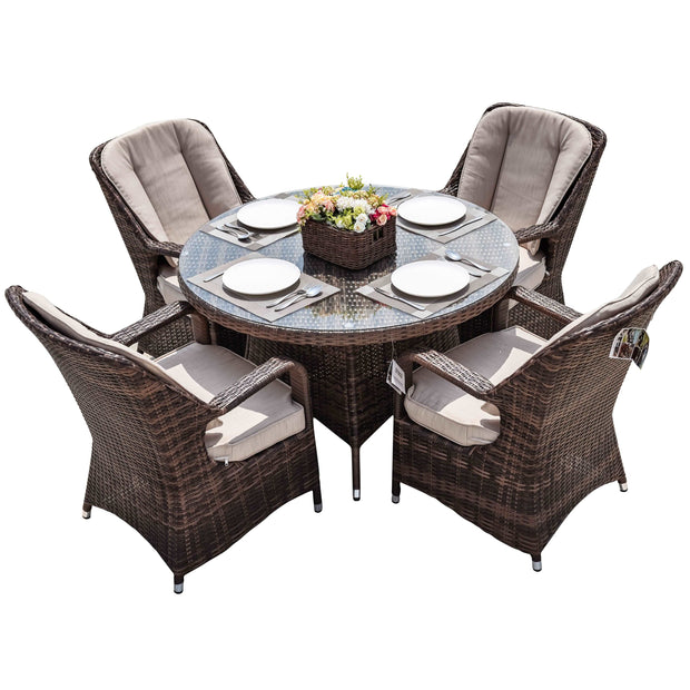 Bavaro 5 - Piece Brown Wicker Round Outdoor Dining Set With Beige Cushions - Home Décor & Things Are Us