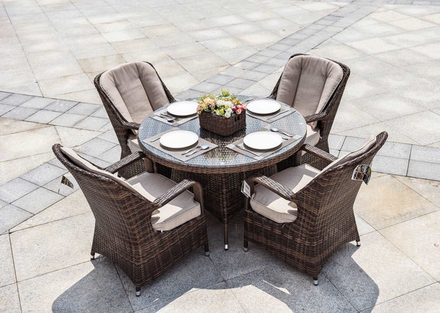 Bavaro 5 - Piece Brown Wicker Round Outdoor Dining Set With Beige Cushions - Home Décor & Things Are Us