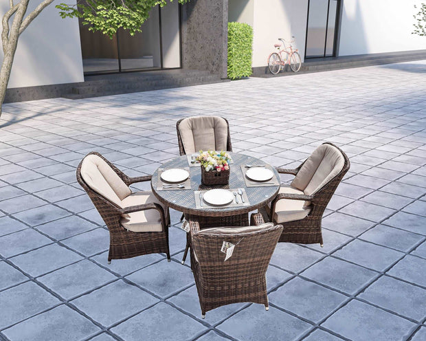 Bavaro 5 - Piece Brown Wicker Round Outdoor Dining Set With Beige Cushions - Home Décor & Things Are Us