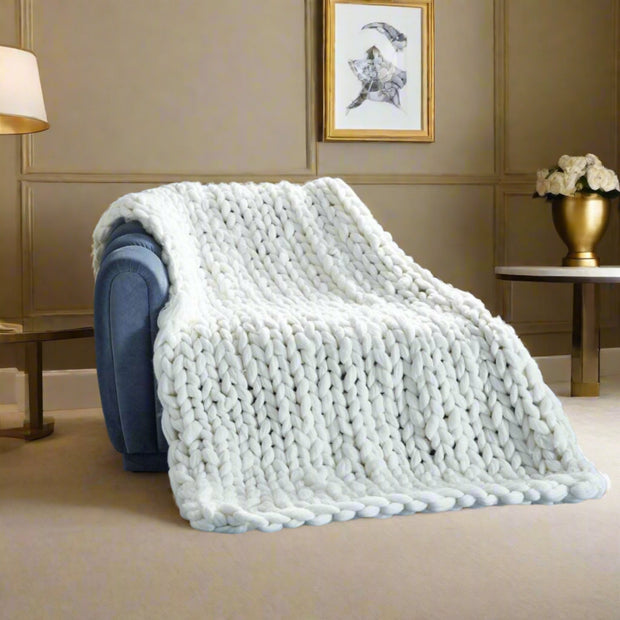 Beliz Chunky Knit Throw Blanket, Cream White - Home Décor & Things Are Us