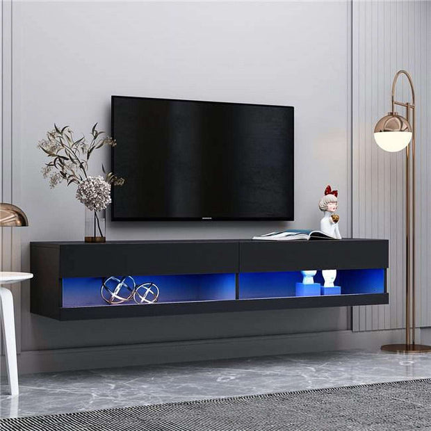 Black Wall Mounted Floating 80' TV Stand with 20 Color LEDs, Media Console Entertainment Center - Home Décor & Things Are Us